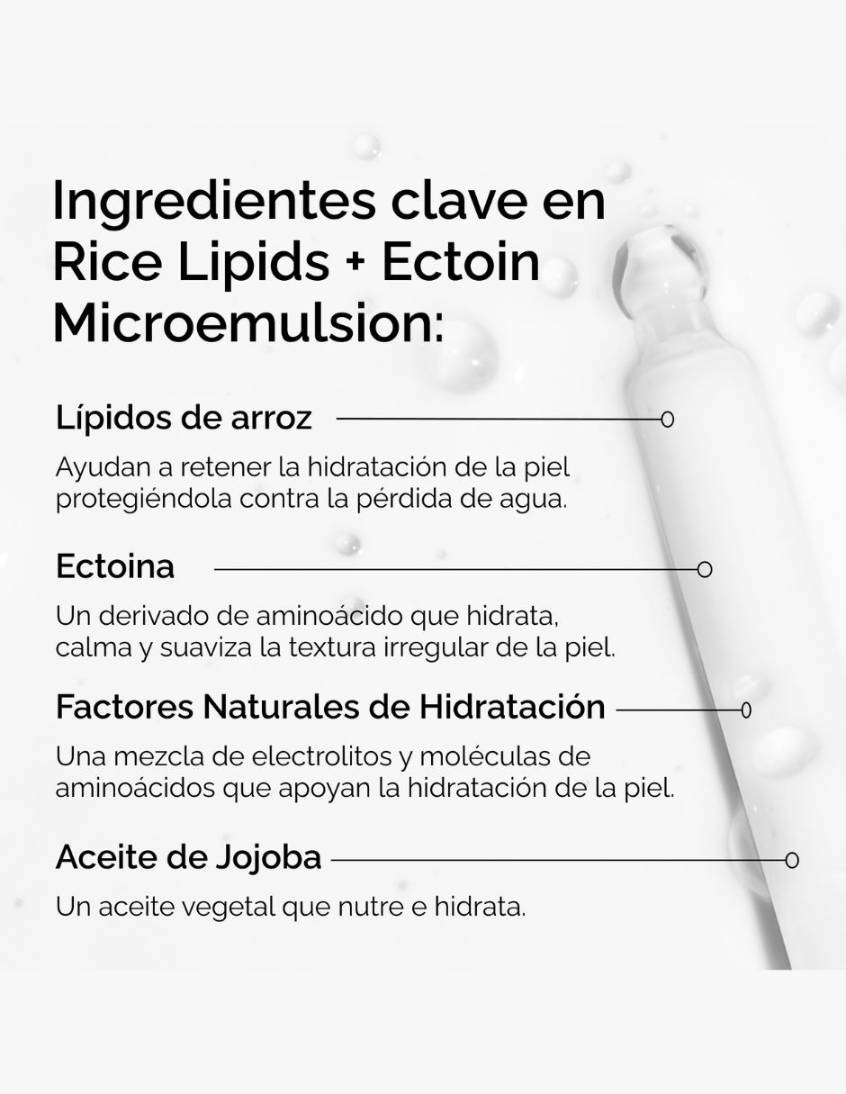 Sérum hidratante facial Rice lipids + Ectoin microemulsion (microemulsión con ectoína y lípidos de arroz) The Ordinary todo tipo de piel